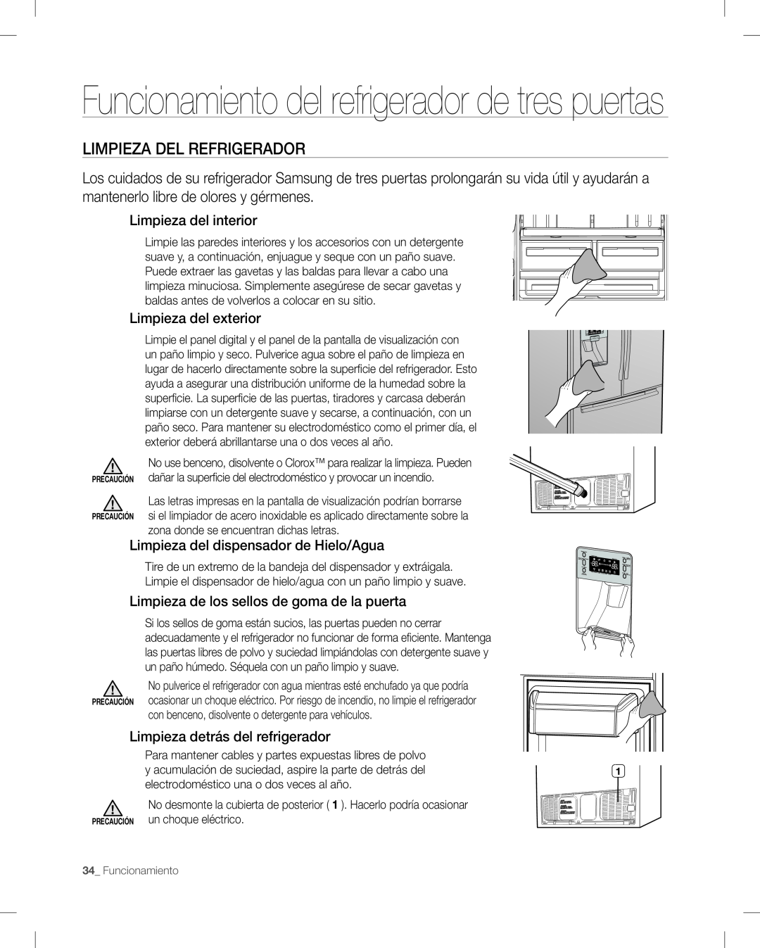 Samsung RF268AB user manual Funcionamiento del refrigerador de tres puertas, Limpieza del interior, Limpieza del exterior 
