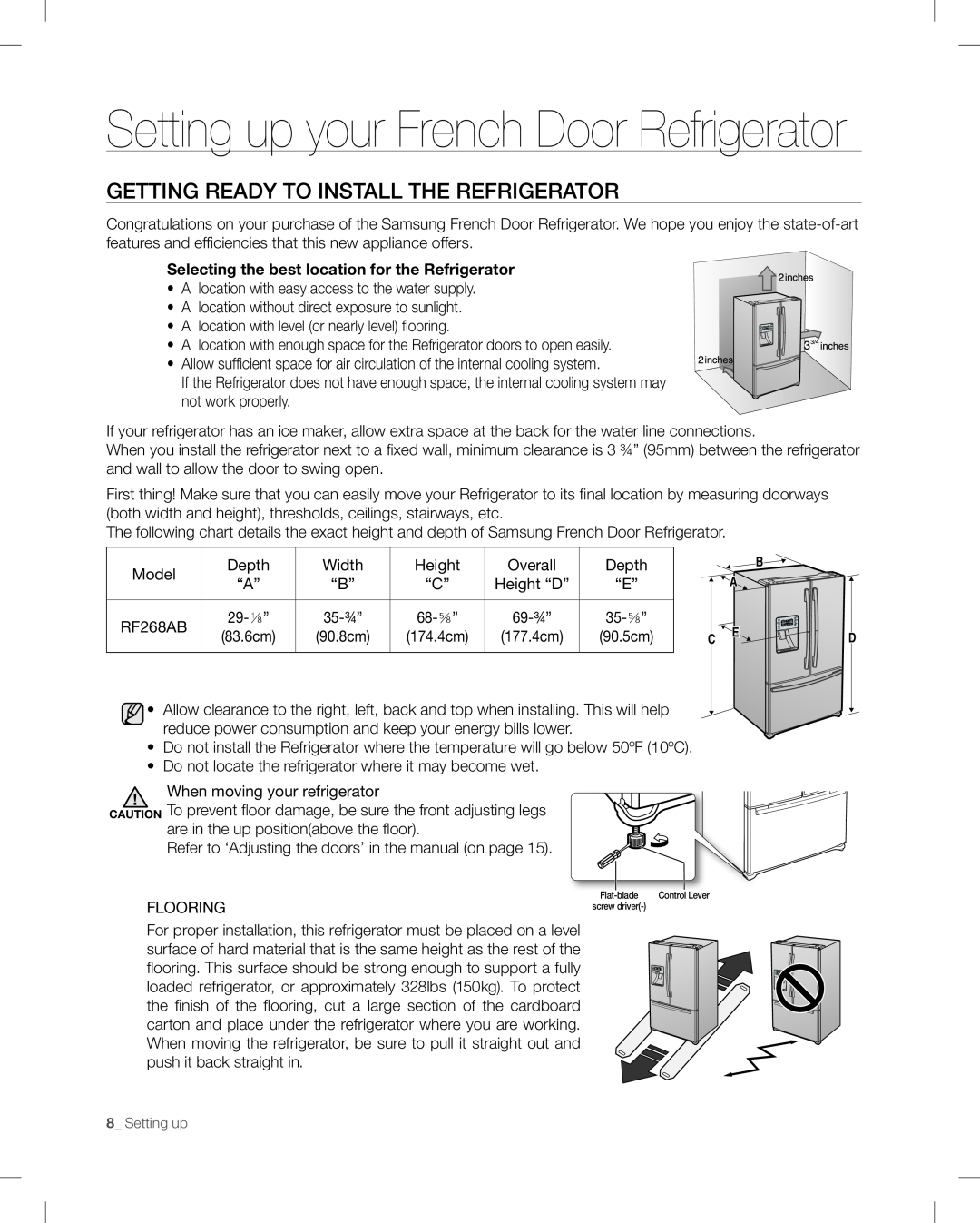 Samsung RF268AB user manual Setting up your French Door Refrigerator, Getting Ready To Install The Refrigerator 