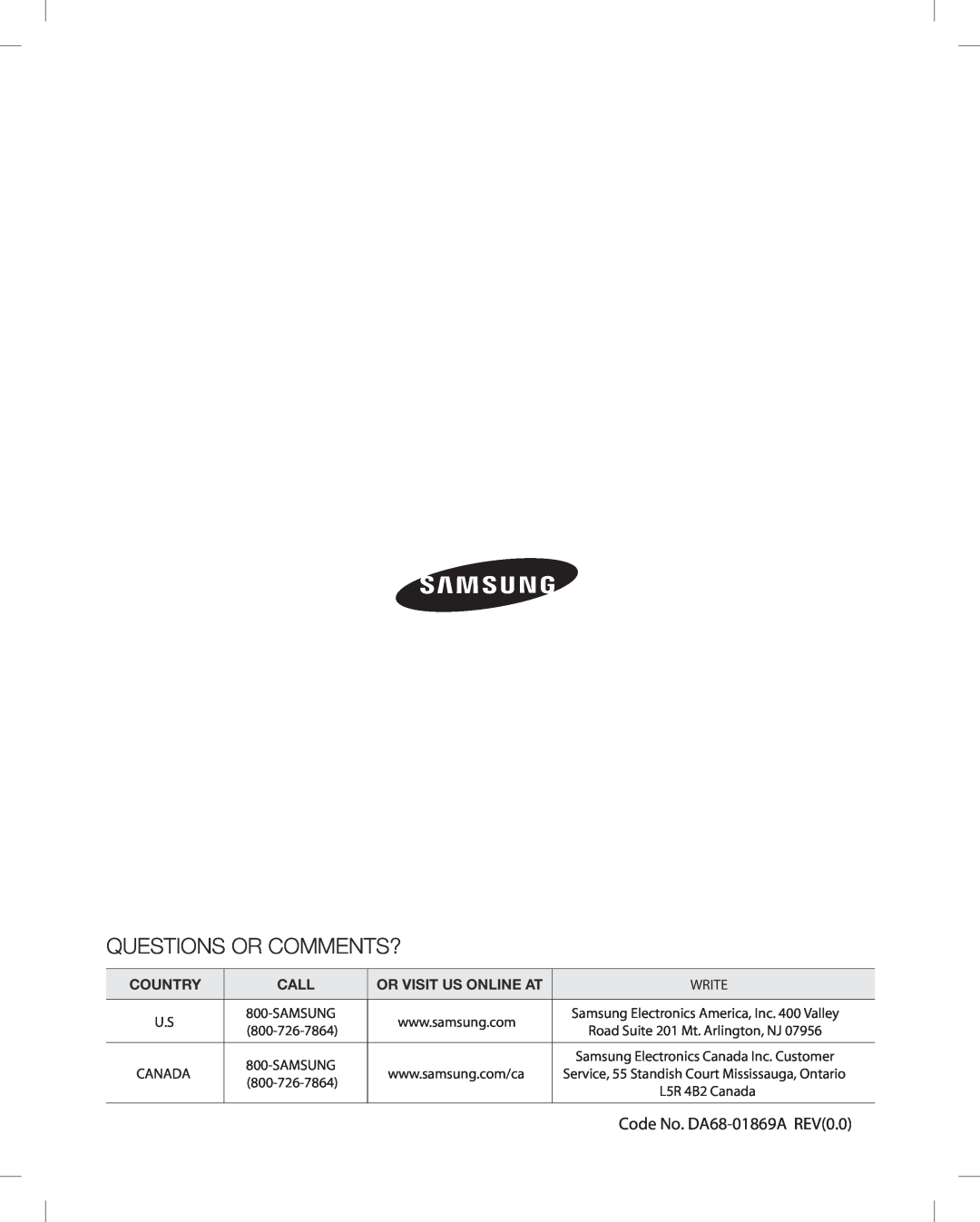 Samsung RF268AB user manual Code No. DA68-01869AREV0.0, Country, Call, Or Visit Us Online At, Write, Samsung, 800-726-7864 