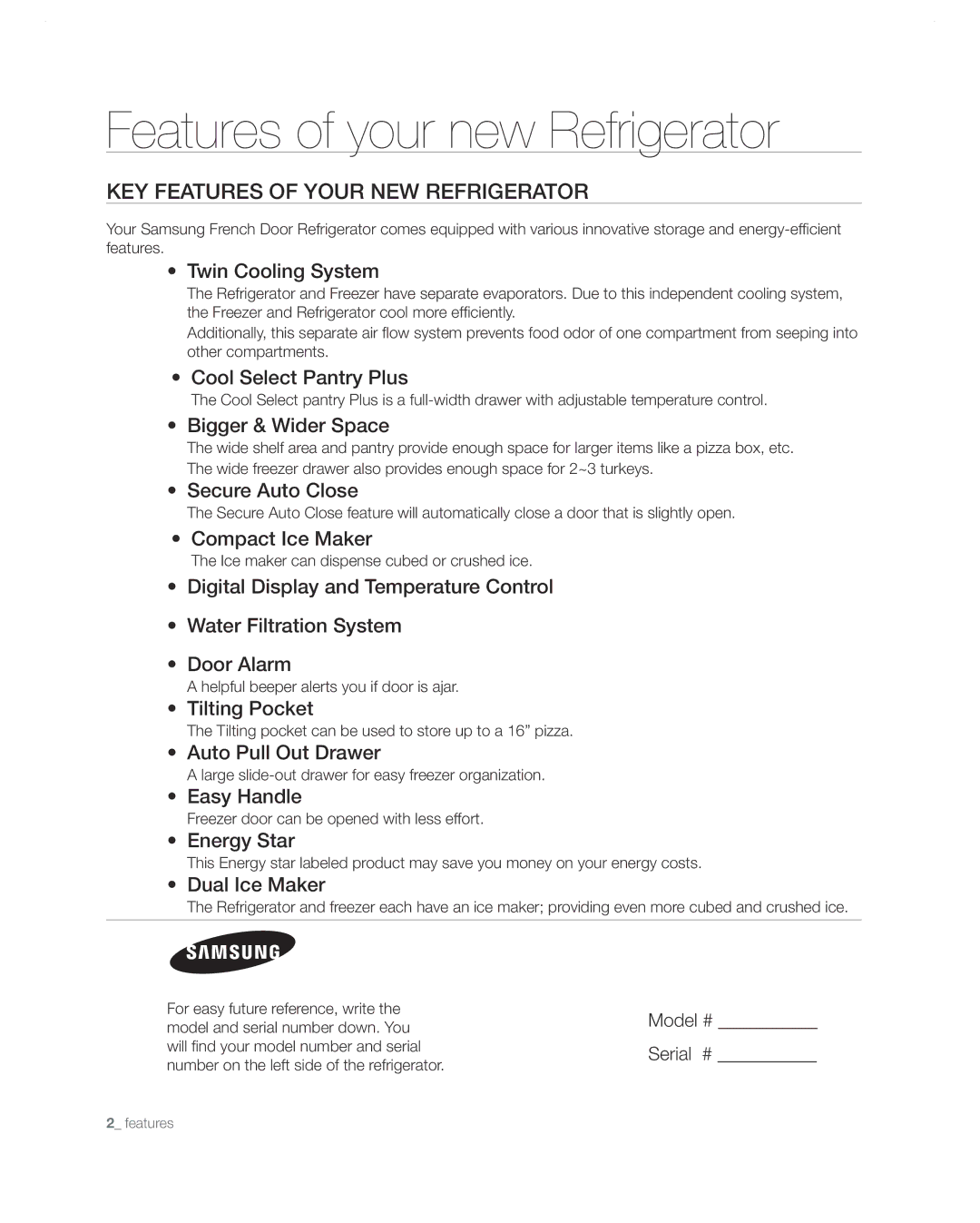 Samsung RF268ABWP user manual Key features of your new refrigerator, Model # Serial # 