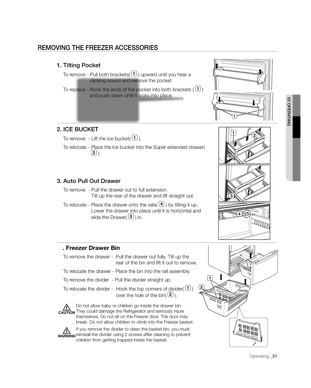 Samsung RF268ABWP user manual Removing the Freezer Accessories, Tilting Pocket, Auto Pull Out Drawer, Freezer Drawer Bin 