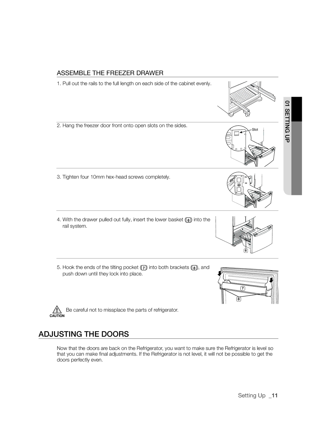 Samsung RF26NBSH1/SML, RF26NBUS2/SML, RF26NBBP1/SML, RF26NESH1/SML manual Adjusting ThE Doors, ASSEMblE ThE Freezer Drawer 