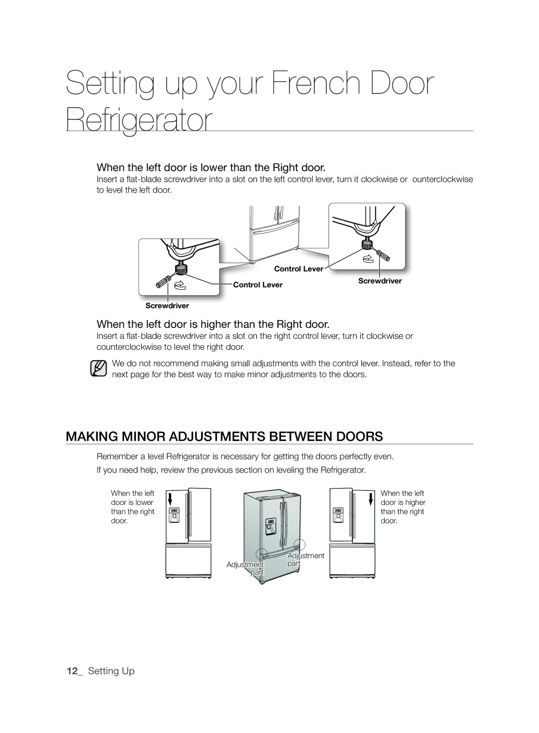 Samsung RF26NBUS2/SML When the left door is lower than the Right door, When the left door is higher than the Right door 