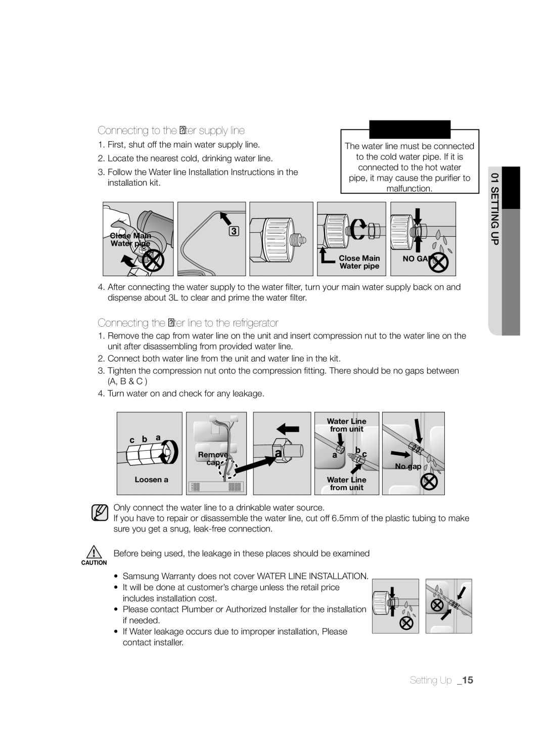 Samsung RF26NBBP2/SML, RF26NBUS2/SML Connecting to the water supply line, Connecting the water line to the refrigerator 