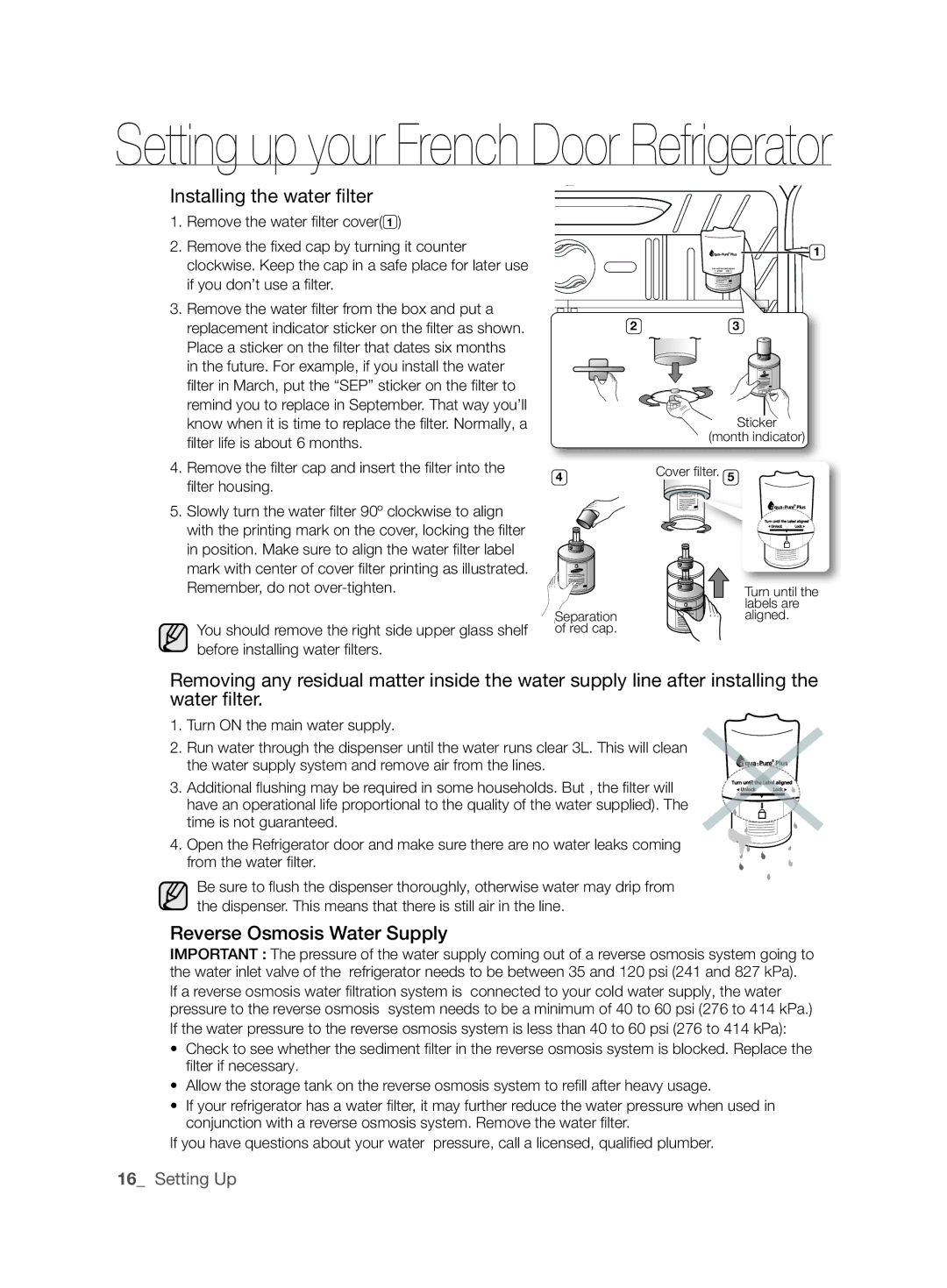 Samsung RF26NEUS1/SML, RF26NBUS2/SML, RF26NBBP1/SML, RF26NESH1/SML Installing the water filter, Reverse Osmosis Water Supply 