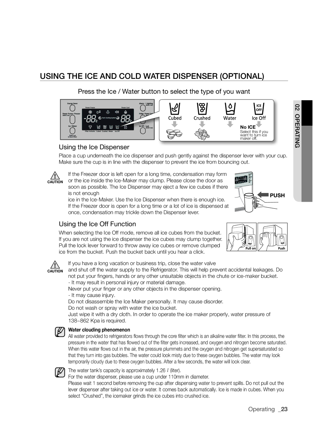 Samsung RF26NBSH1/SML Using ThE ICE and COlD Water Dispenser OPTIONAl, Using the Ice Dispenser, Using the Ice Off Function 