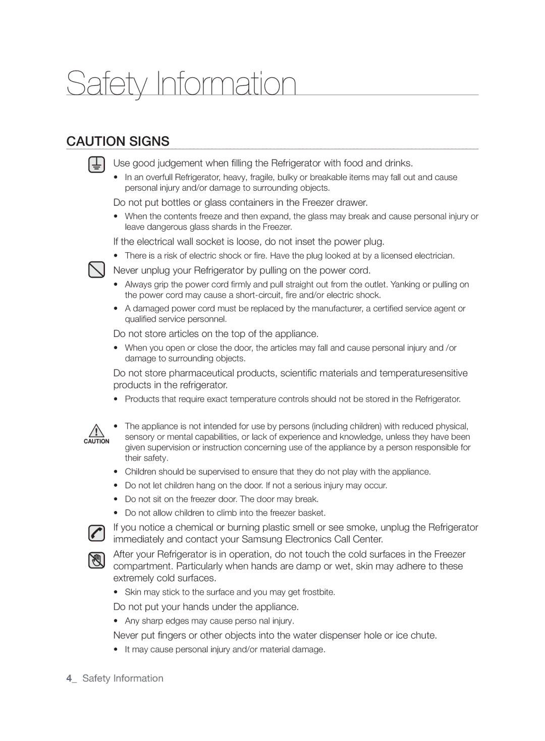 Samsung RF26NEUS1/SML, RF26NBUS2/SML, RF26NBBP1/SML manual Do not put bottles or glass containers in the Freezer drawer 