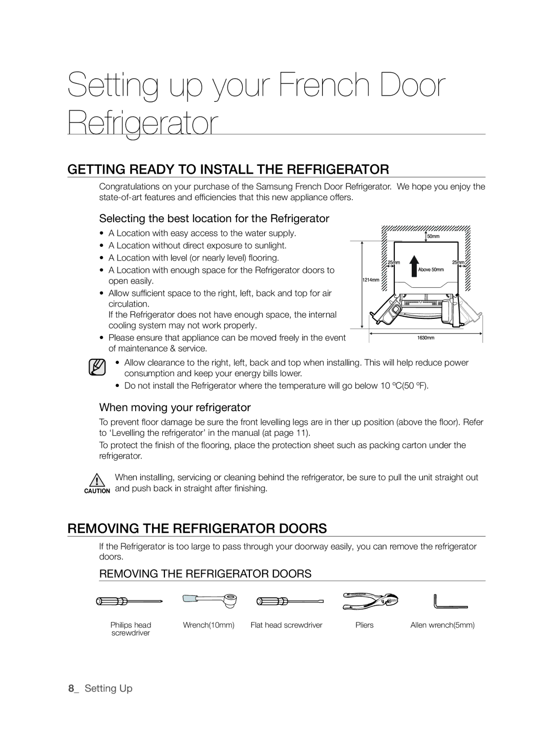 Samsung RF26DESH1/SML, RF26NBUS2/SML manual Getting Ready to INSTAll ThE Refrigerator, Removing ThE Refrigerator Doors 