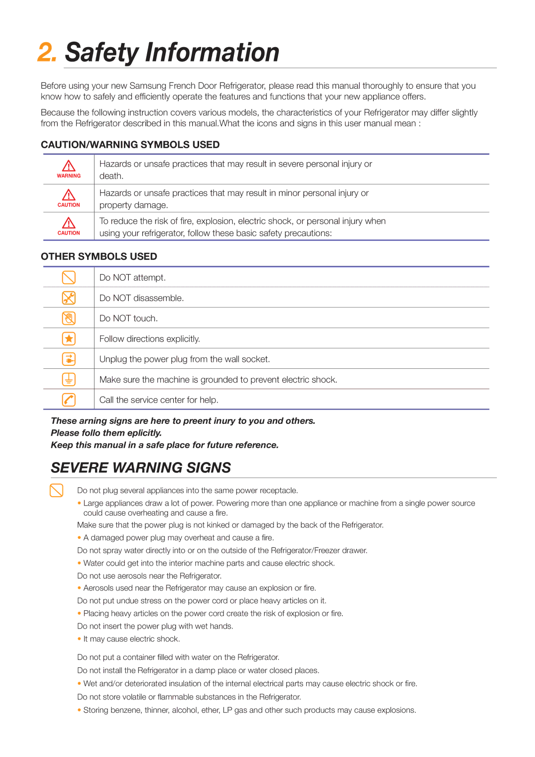 Samsung RF26NESH1/SML, RF26NBUS2/SML, RF26NBBP1/SML, RF26NBBP2/SML, RF26NEUS1/SML manual Safety Information, Other Symbols Used 