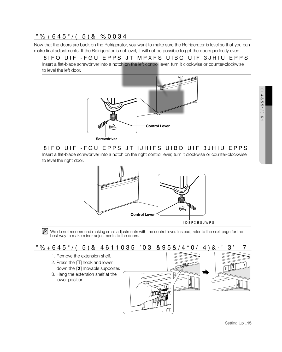 Samsung user manual Adjusting the doors, Adjusting the support for extension shelfRF26V 