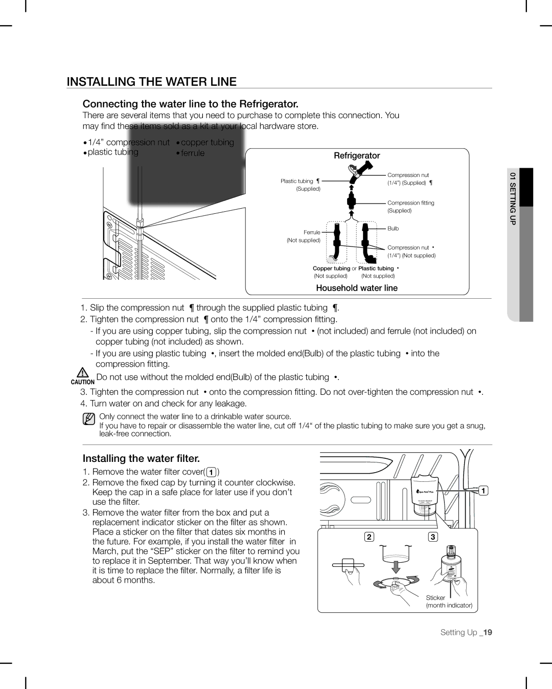 Samsung RF26V Installing the Water Line, Connecting the water line to the Refrigerator, Installing the water filter 