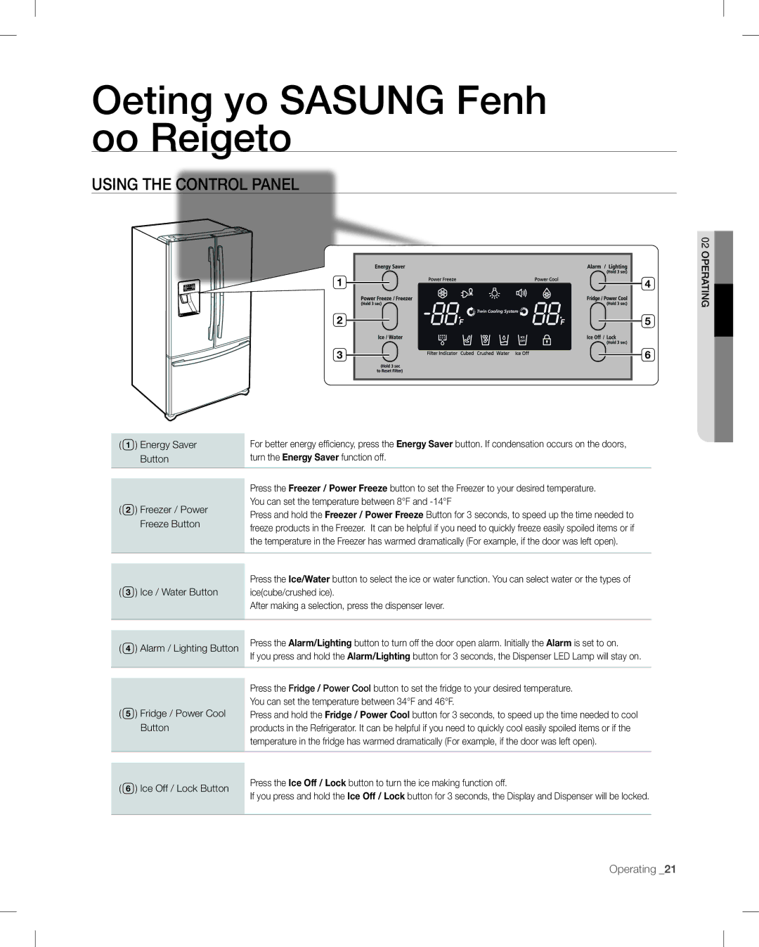 Samsung RF26V user manual Operating your Samsung French Door Refrigerator, Using the control panel 