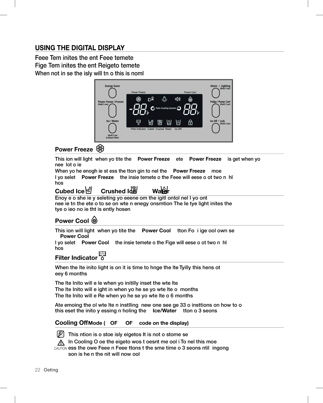 Samsung RF26V user manual Using the Digital Display, Cubed Ice , Crushed Ice , Water, Power Cool, Filter Indicator 