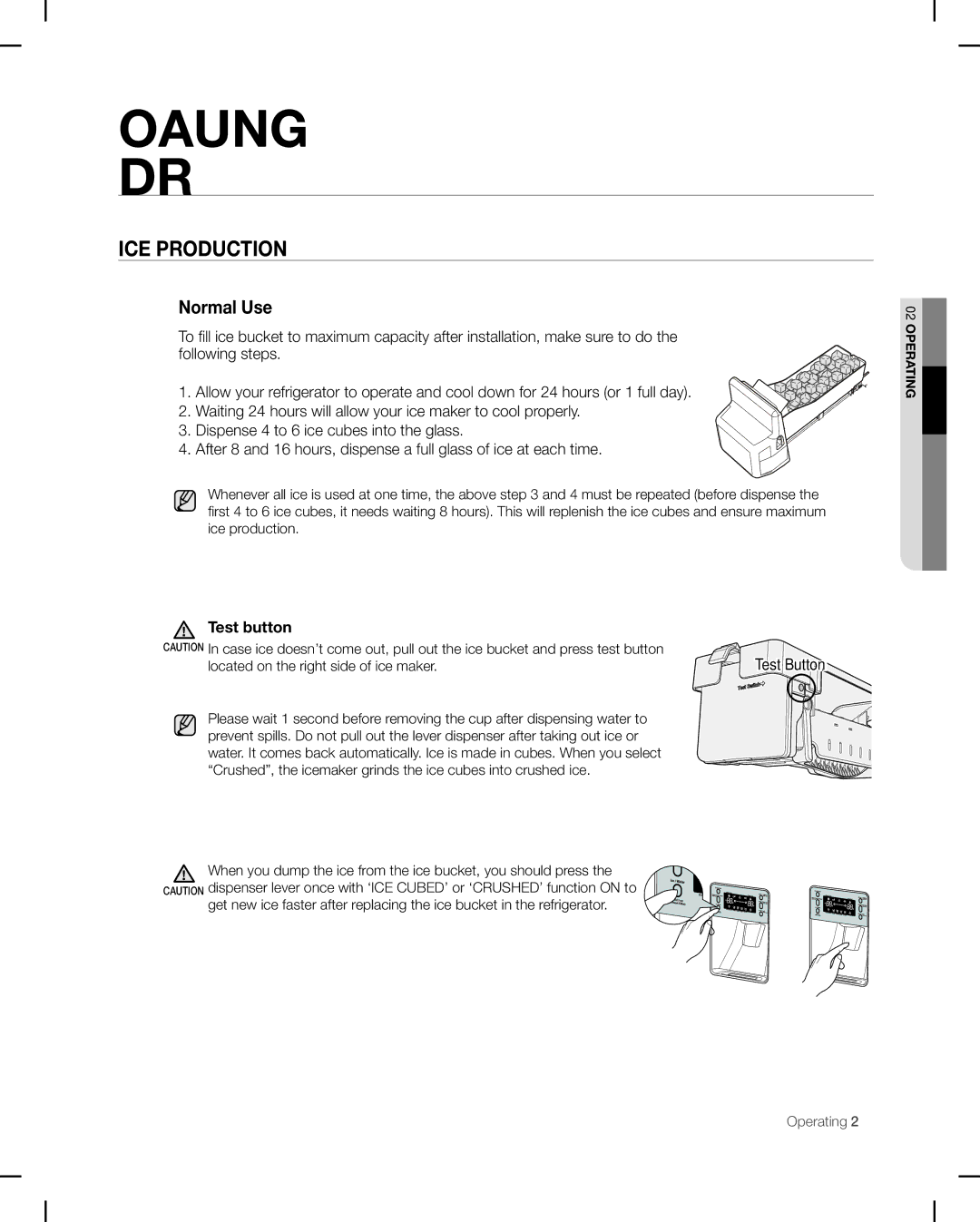 Samsung RF26V user manual Ice production, Normal Use, Test button 