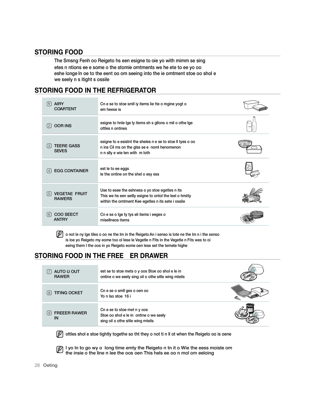 Samsung RF26V user manual Storing Food in the Refrigerator, Storing Food in the Freezer Drawer 