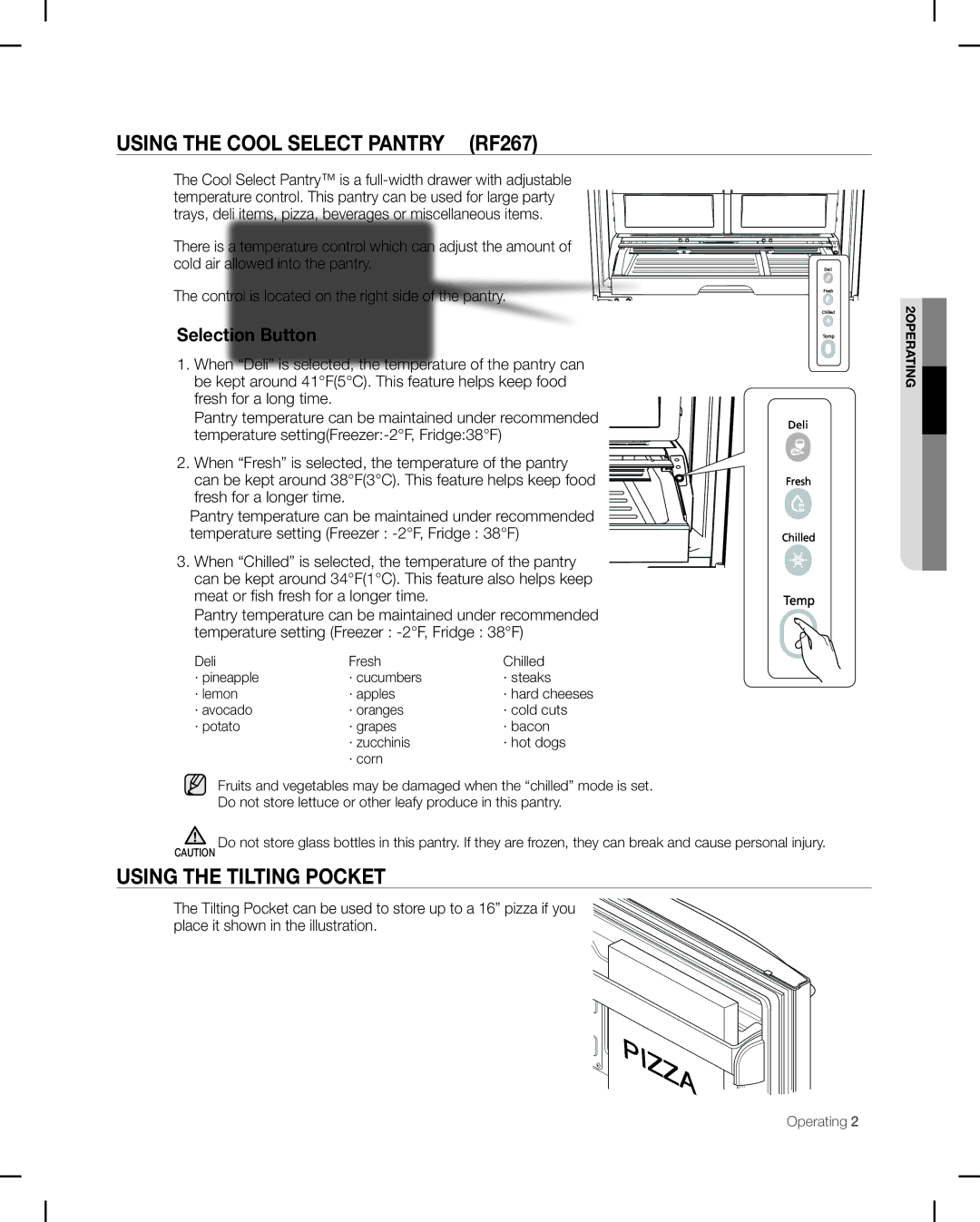 Samsung RF26V Using the Cool Select Pantry RF267, Using the tilting pocket, Selection Button, Fresh for a long time 