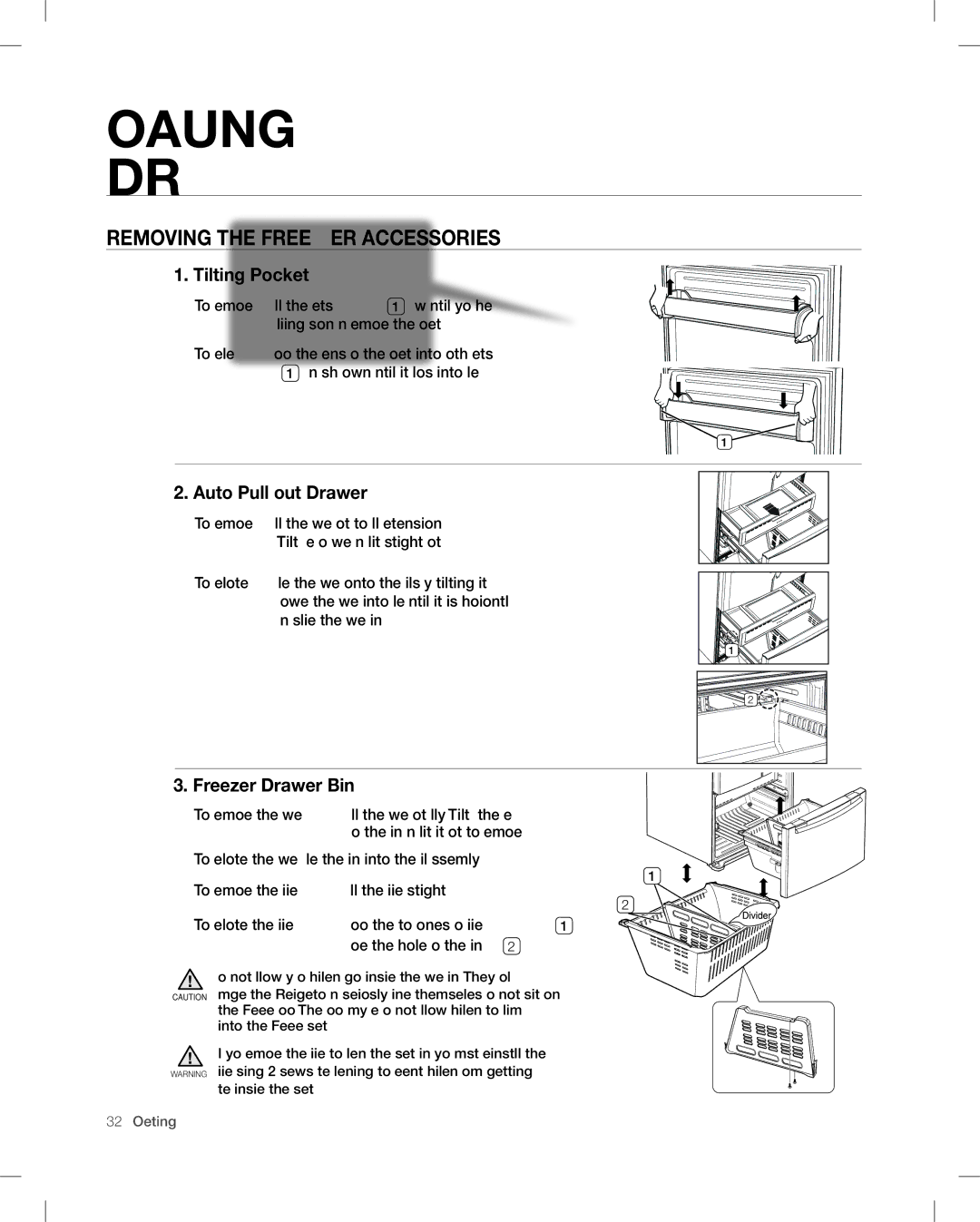 Samsung RF26V user manual Removing the Freezer Accessories, Tilting Pocket, Auto Pull out Drawer, Freezer Drawer Bin 