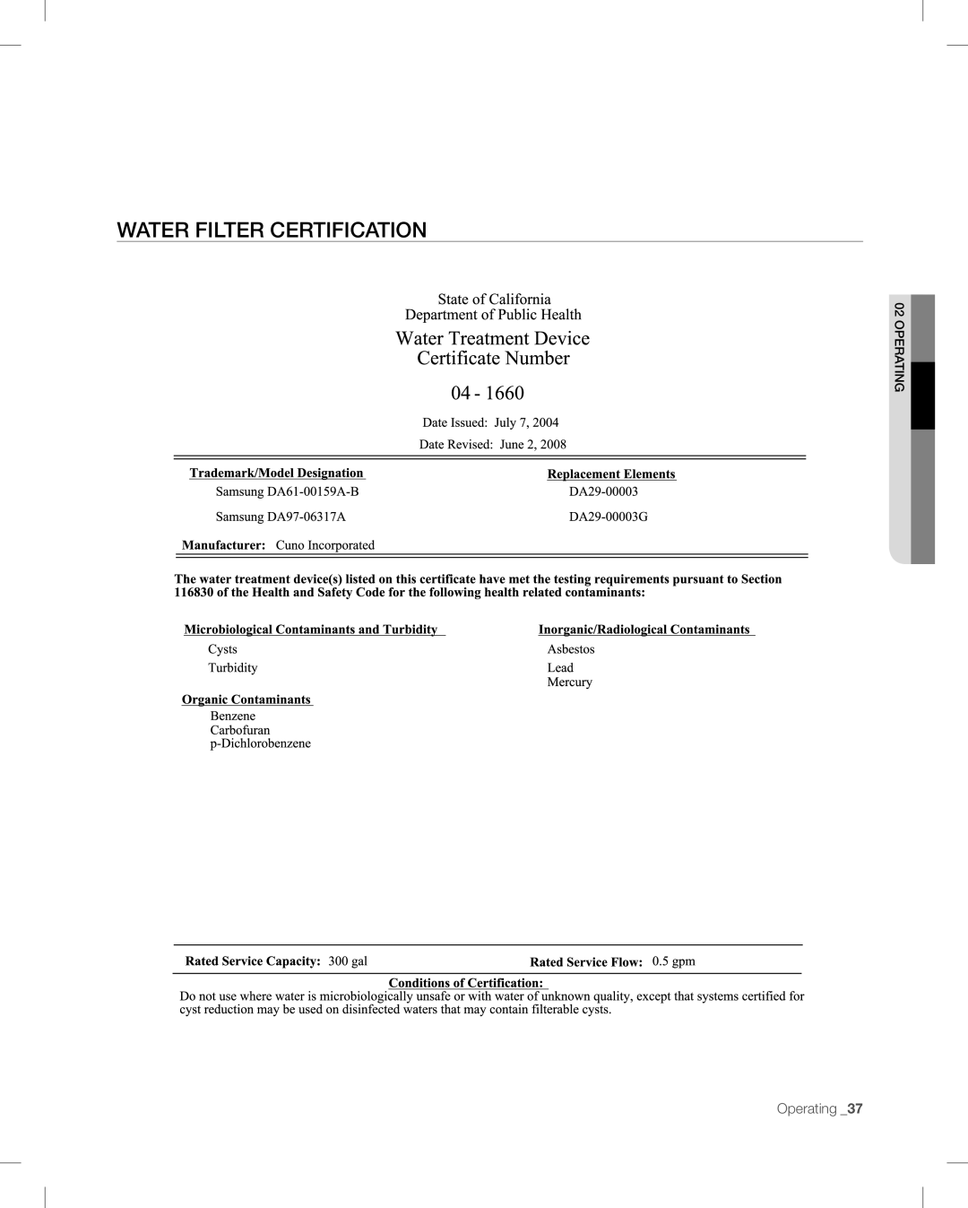 Samsung RF26V user manual Water Filter Certification 