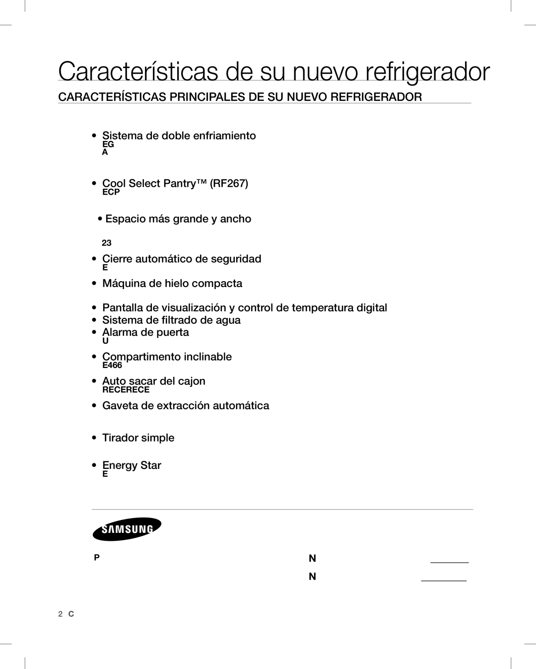 Samsung RF26V user manual Características Principales DE SU Nuevo Refrigerador, Nº de modelo Nº de serie 