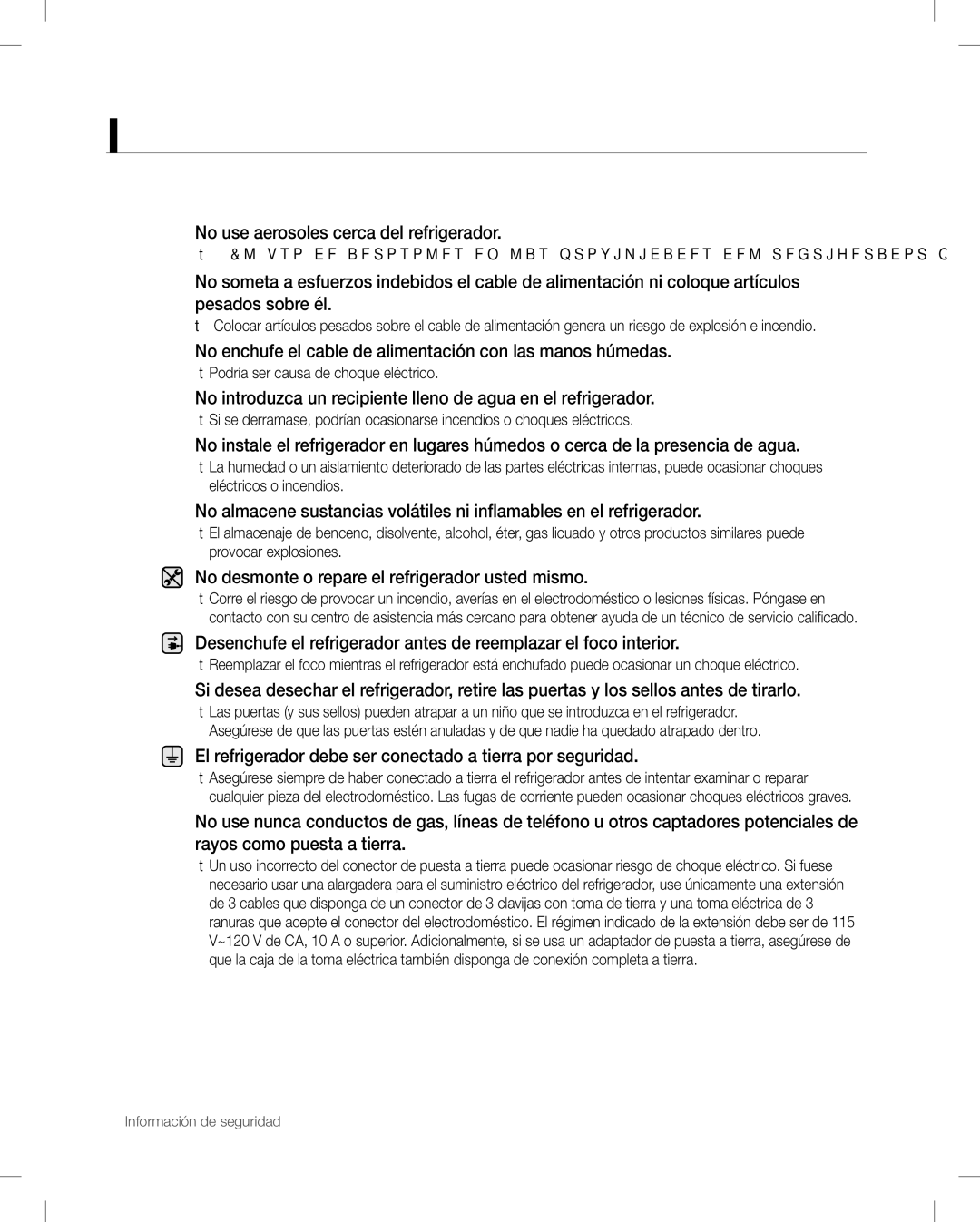 Samsung RF26V No use aerosoles cerca del refrigerador, No enchufe el cable de alimentación con las manos húmedas 