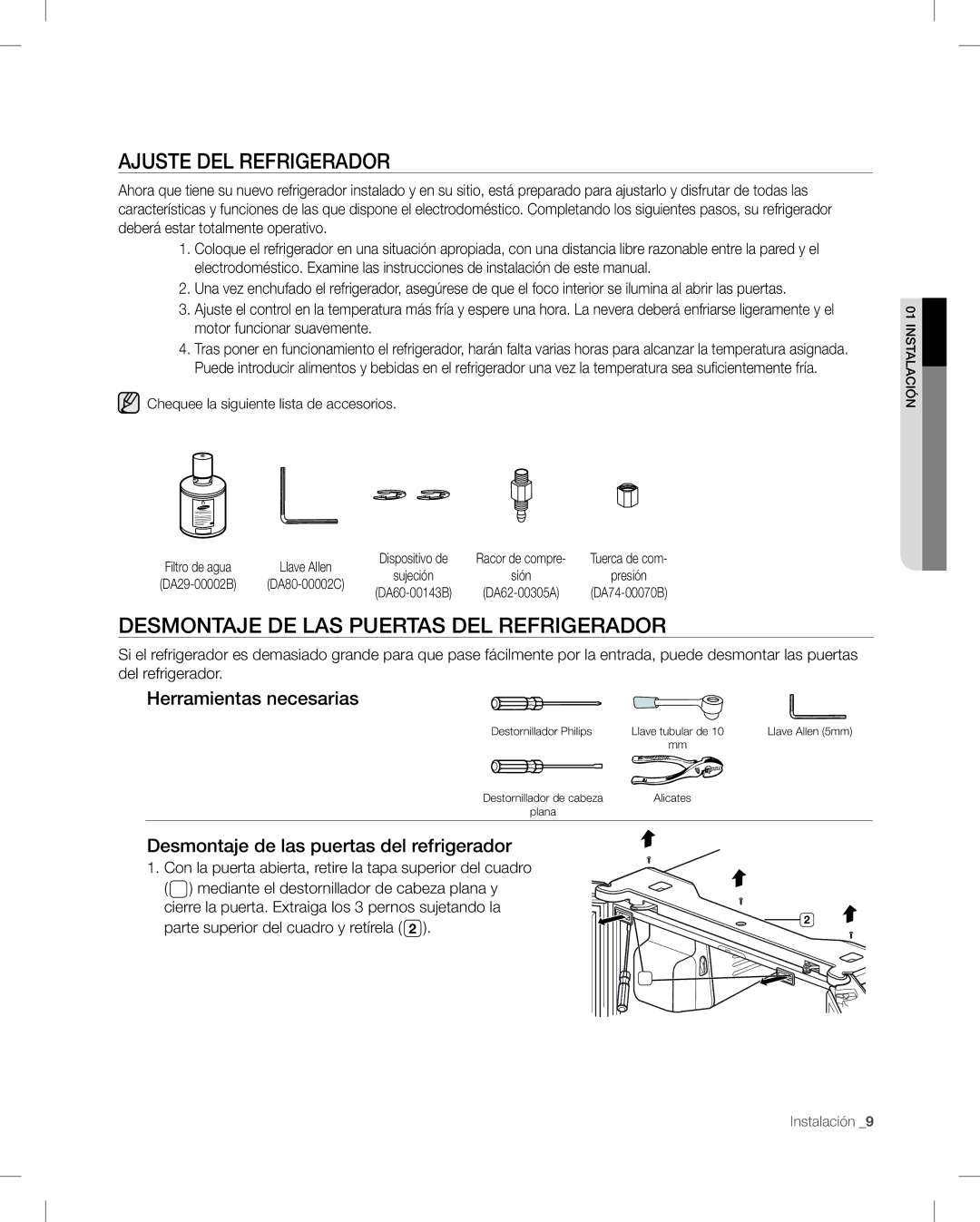 Samsung RF26V user manual Ajuste DEL Refrigerador, Desmontaje DE LAS Puertas DEL Refrigerador, Herramientas necesarias 