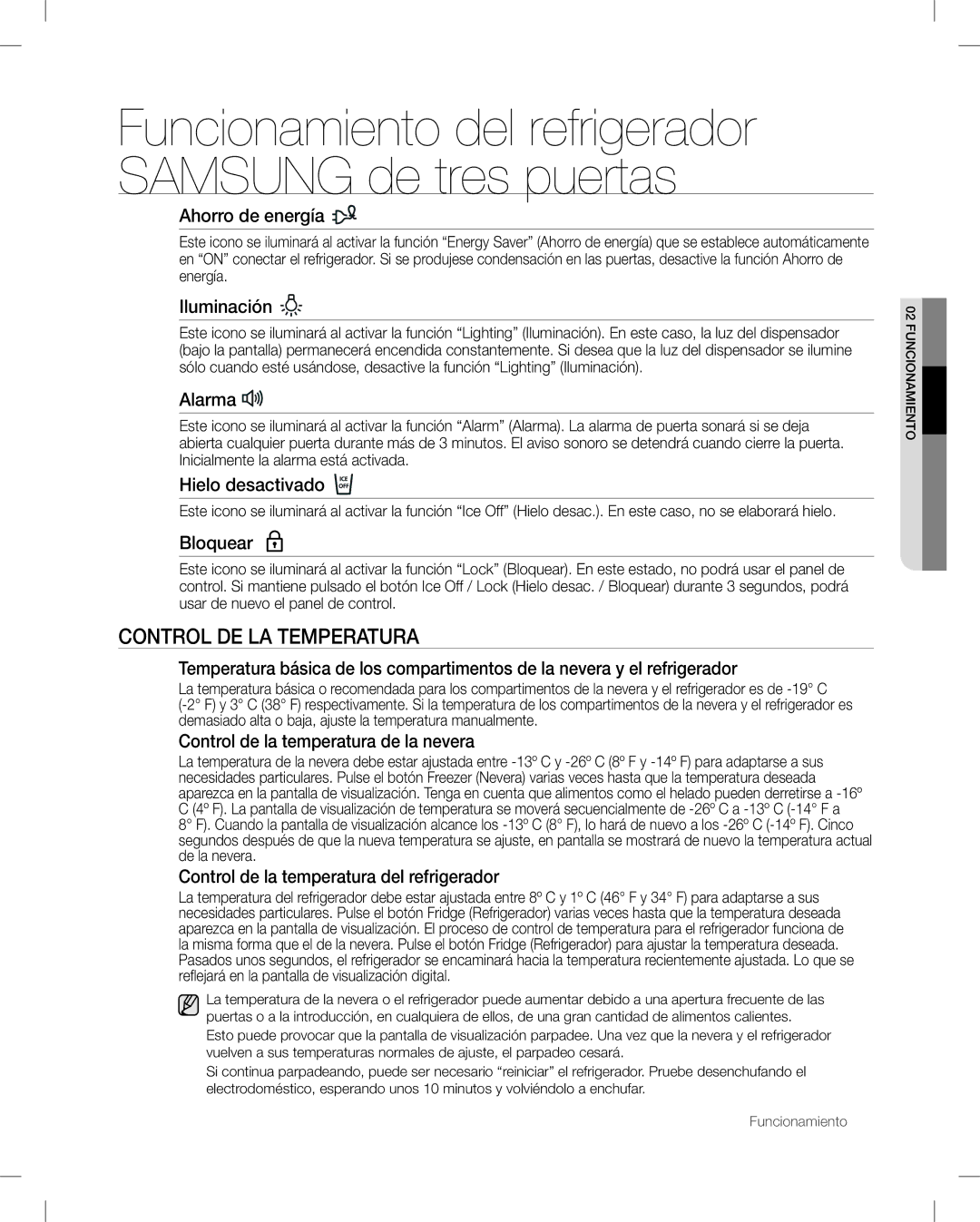 Samsung RF26V user manual Control DE LA Temperatura 