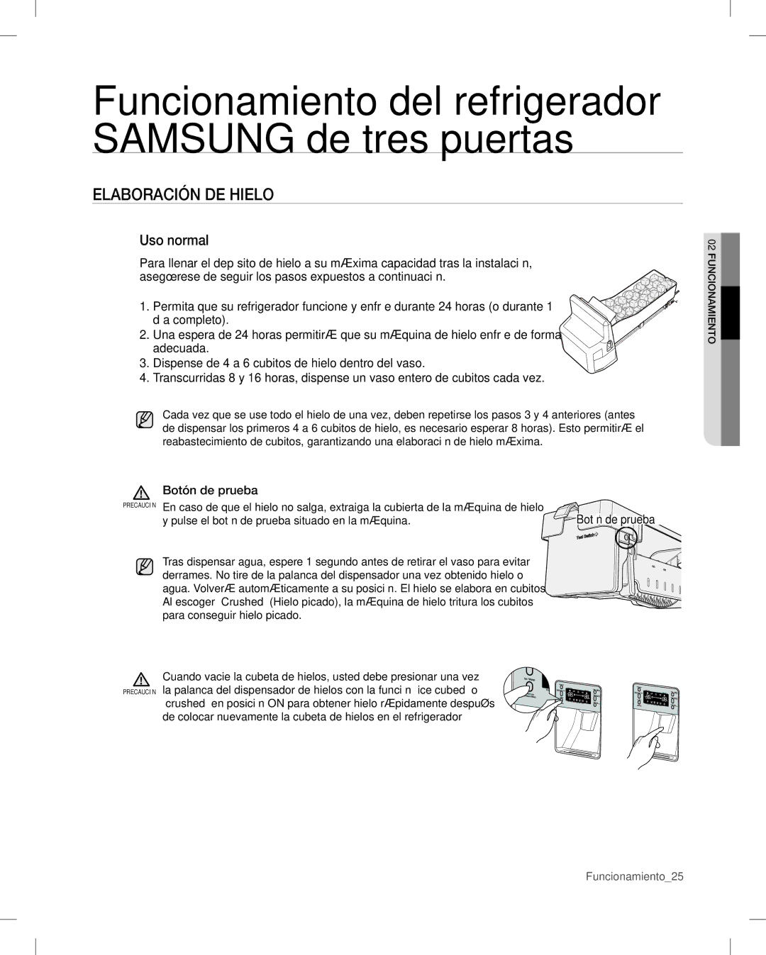 Samsung RF26V user manual Elaboración DE Hielo, Uso normal, Botón de prueba 