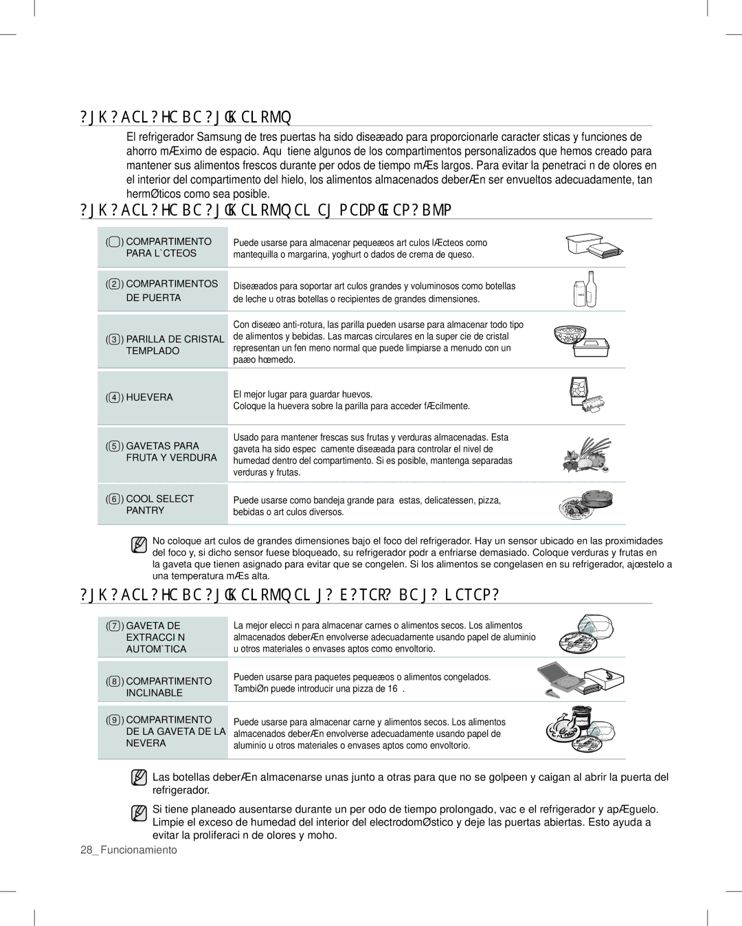 Samsung RF26V user manual Almacenaje DE Alimentos EN EL Refrigerador, Almacenaje DE Alimentos EN LA Gaveta DE LA Nevera 