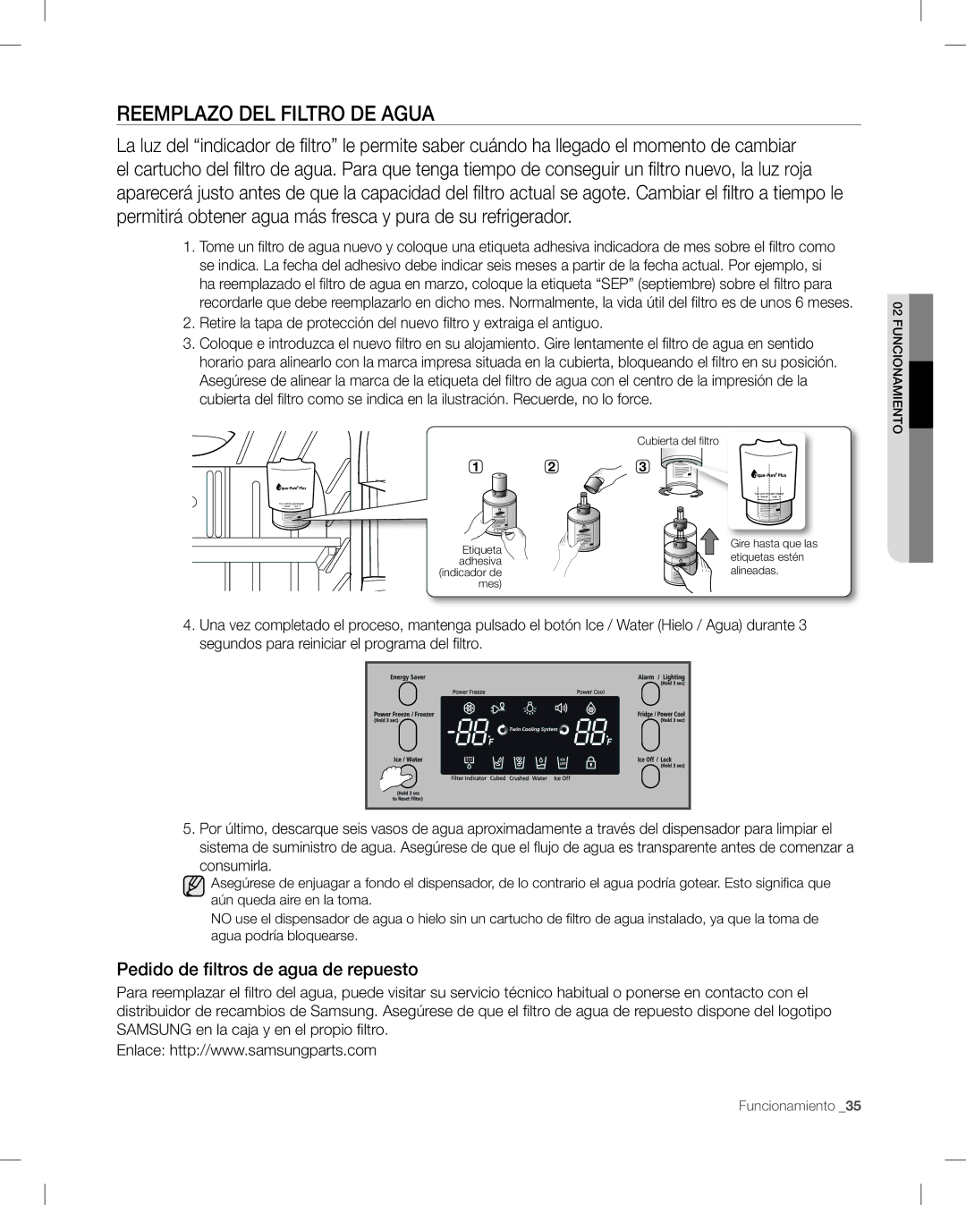 Samsung RF26V user manual Reemplazo DEL Filtro DE Agua, Pedido de filtros de agua de repuesto 