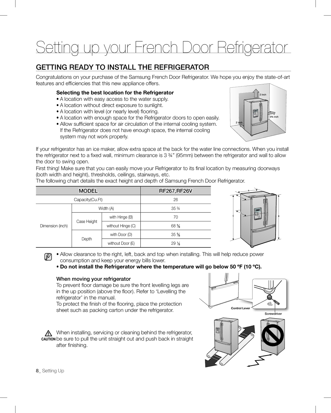 Samsung RF26V user manual Getting Ready to Install the Refrigerator, Sheet such as packing carton under the refrigerator 