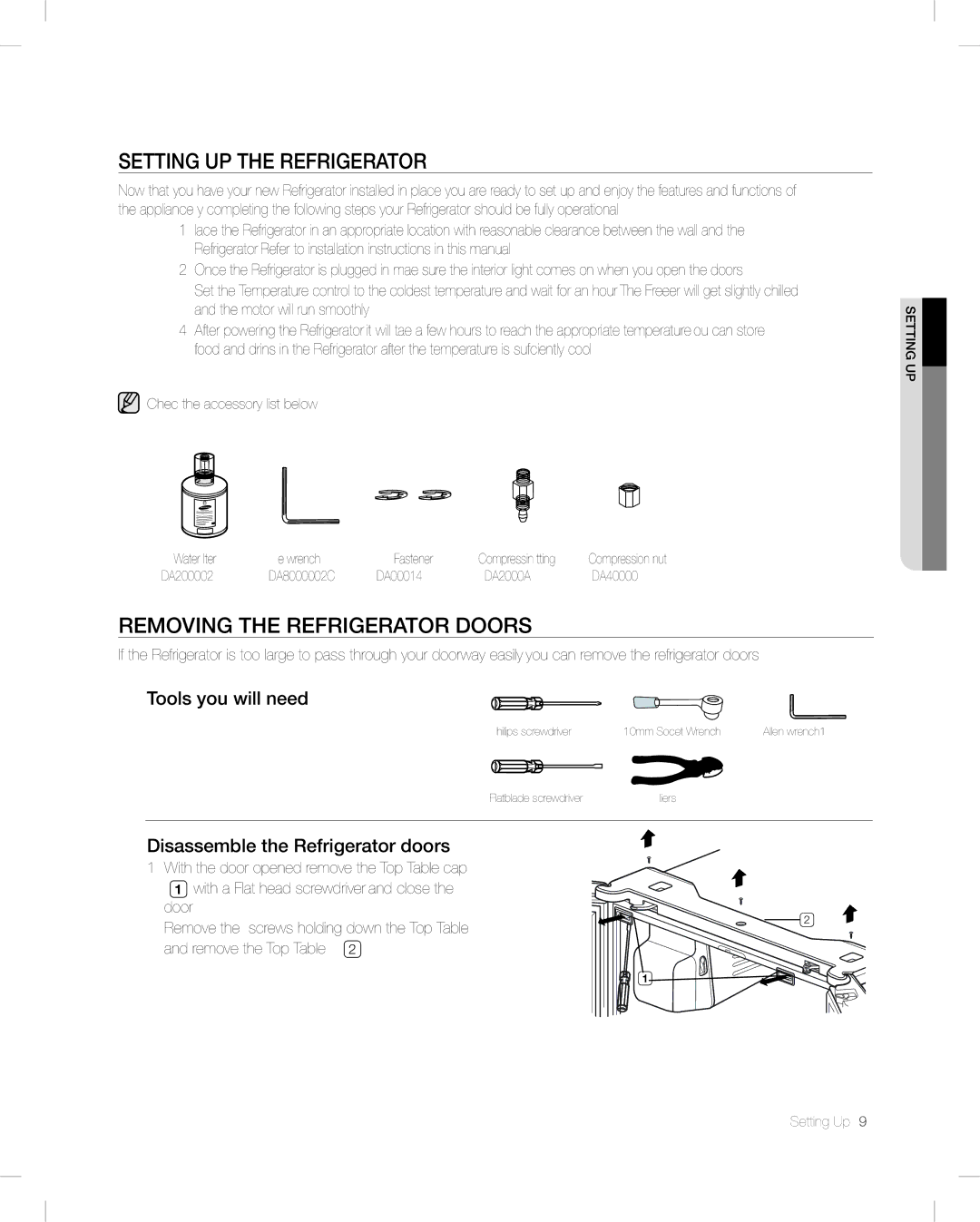 Samsung RF26V user manual Setting UP the Refrigerator, Removing the refrigerator doors, Tools you will need 