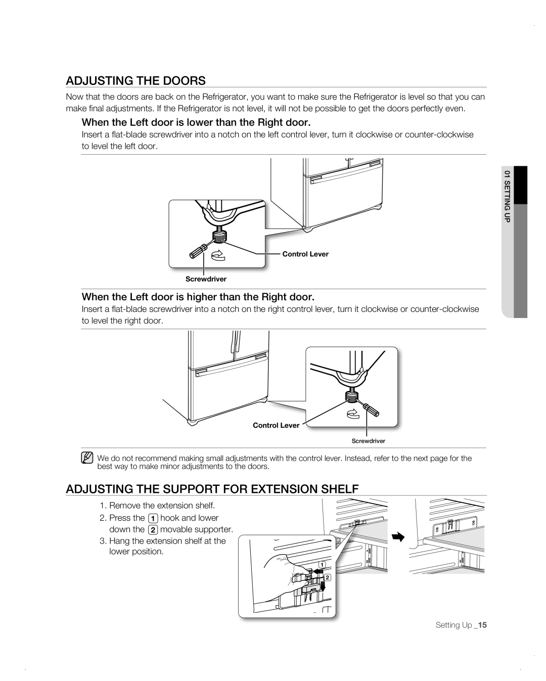 Samsung RF26VAB user manual Adjusting the doors, Adjusting the support for extension shelf 