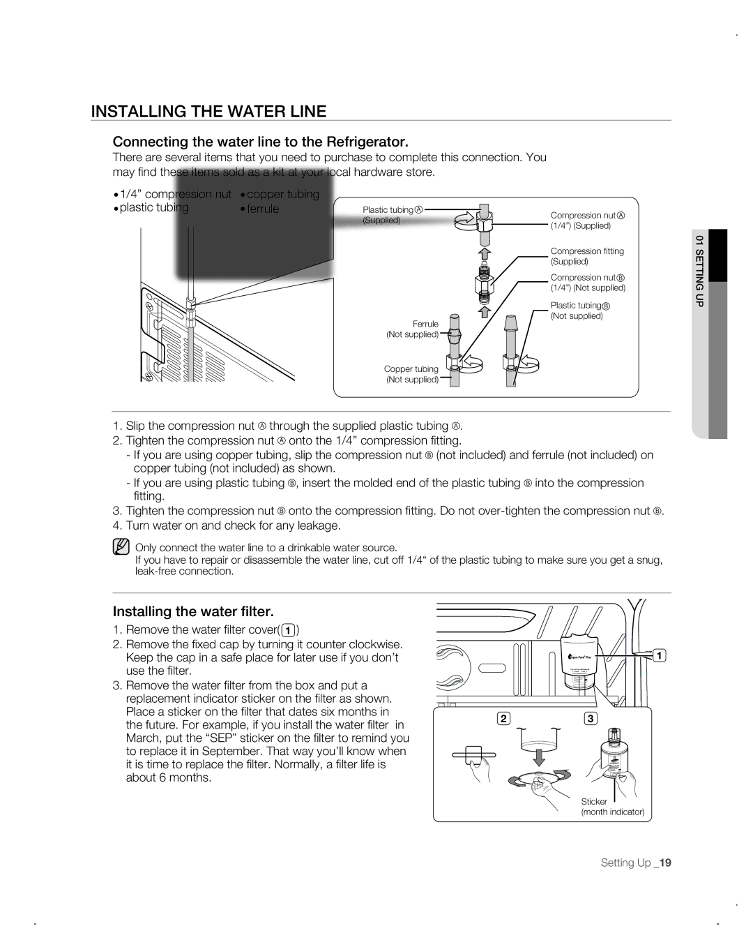 Samsung RF26VAB Installing the Water Line, Connecting the water line to the Refrigerator, Installing the water filter 