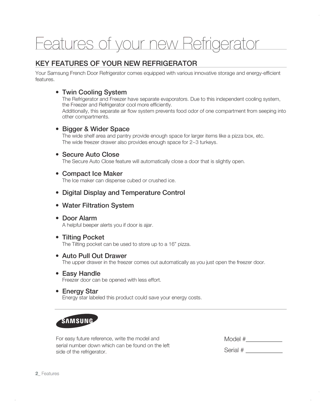 Samsung RF26VAB user manual Key features of your new refrigerator, Model #, Serial # 