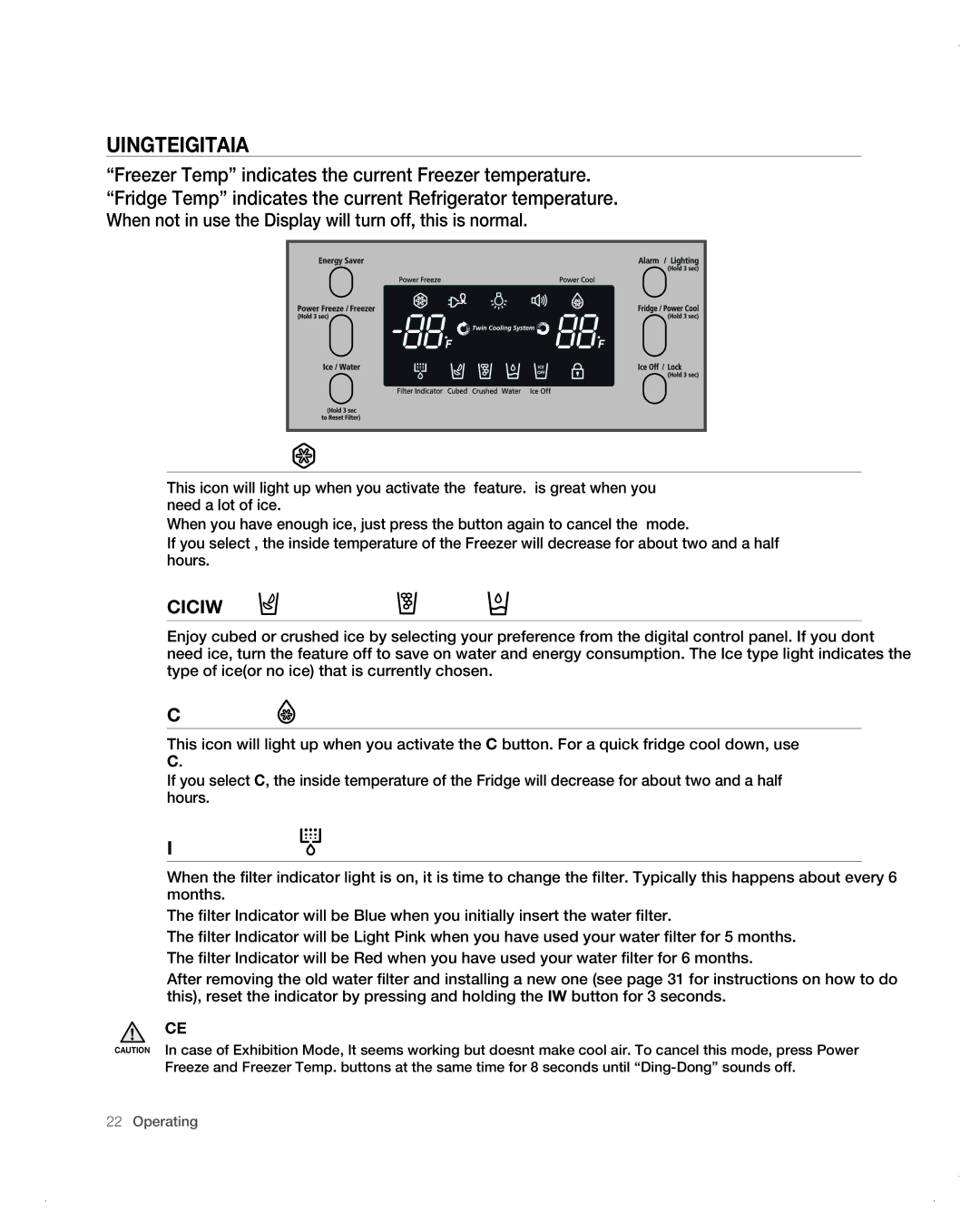 Samsung RF26VAB user manual Using the Digital Display, Cubed Ice , Crushed Ice , Water, Power Cool, Filter Indicator 