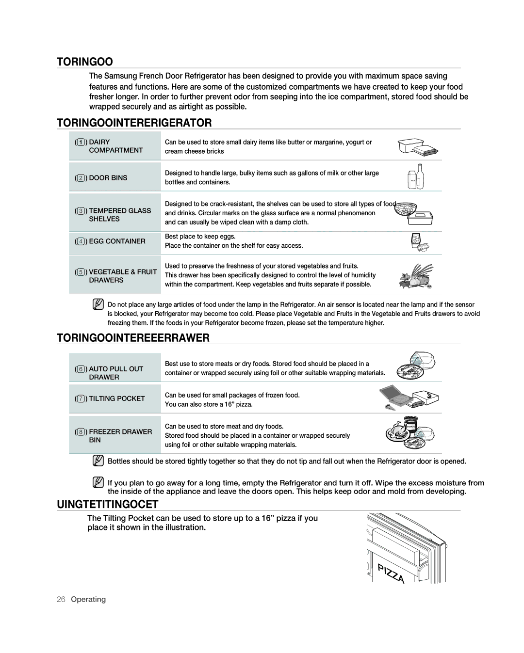 Samsung RF26VAB Storing Food in the Refrigerator, Storing Food in the Freezer Drawer, Using the tilting pocket 