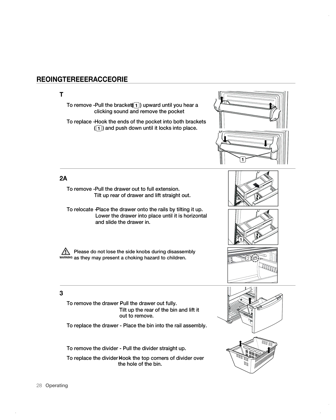 Samsung RF26VAB user manual Removing the Freezer Accessories, Tilting Pocket, Auto Pull out Drawer, Freezer Drawer Bin 