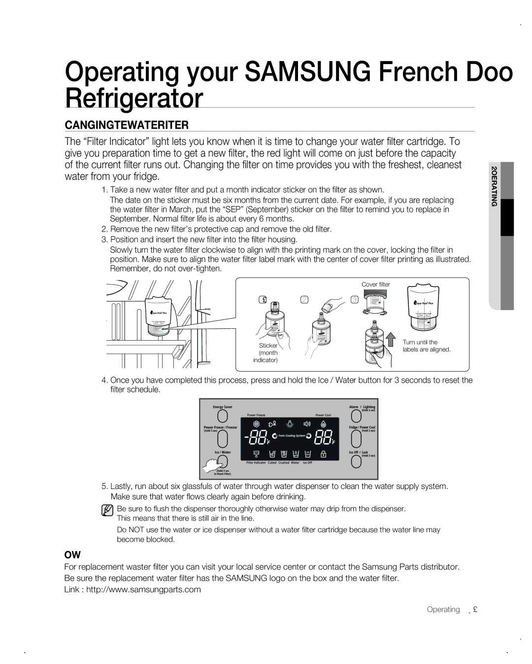 Samsung RF26VAB user manual Changing the Water Filter, Ordering replacement Water Filter 