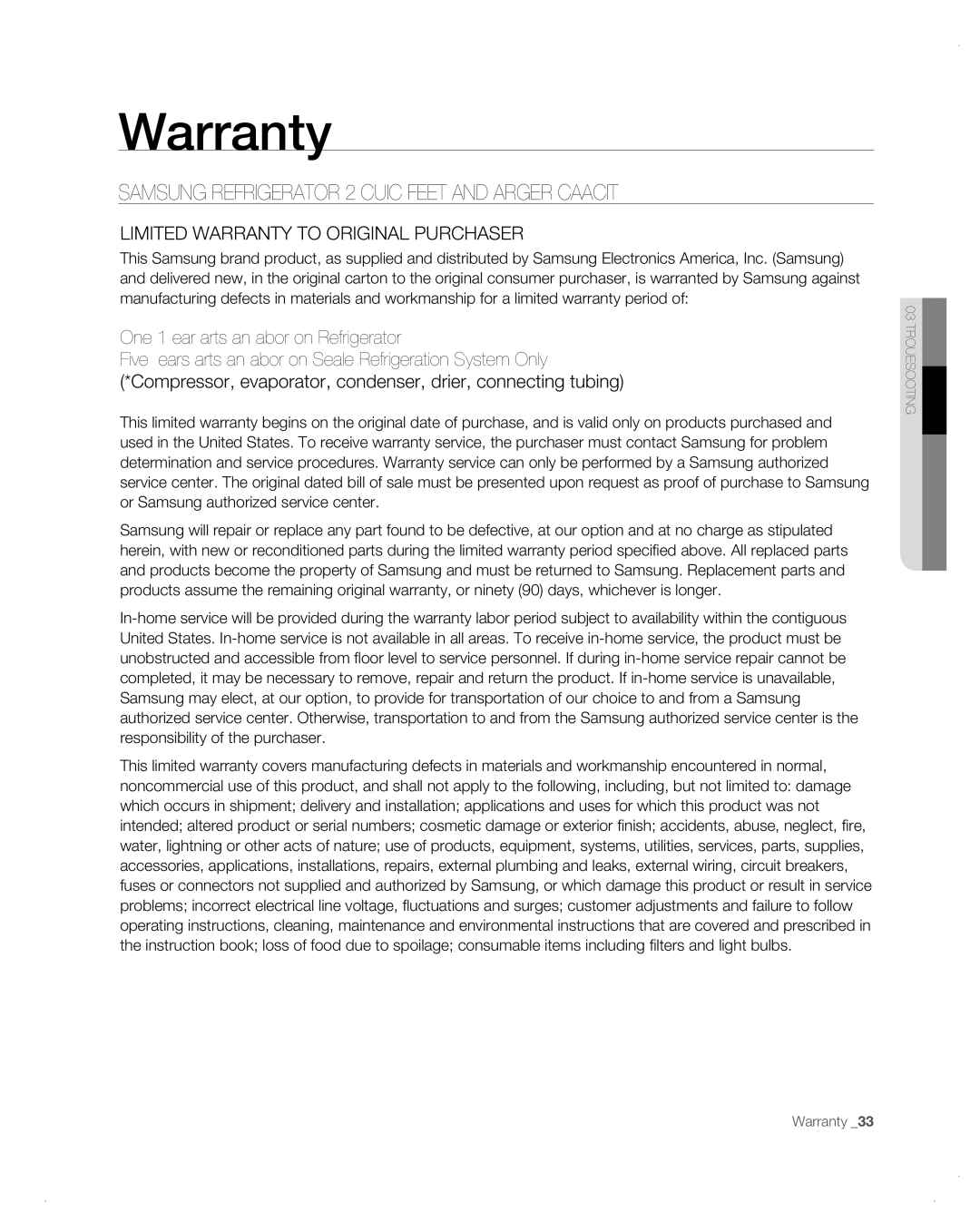 Samsung RF26VAB user manual Warranty, Samsung Refrigerator 26 Cubic Feet and Larger Capacity 