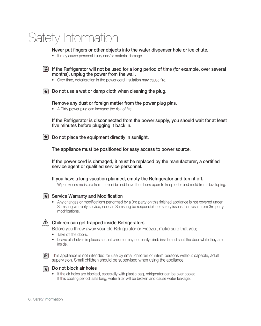 Samsung RF26VAB Service Warranty and Modification, Children can get trapped inside Refrigerators, Do not block air holes 