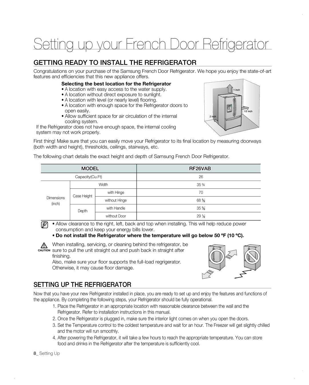 Samsung RF26VAB user manual Getting Ready to Install the Refrigerator, Setting UP the Refrigerator 