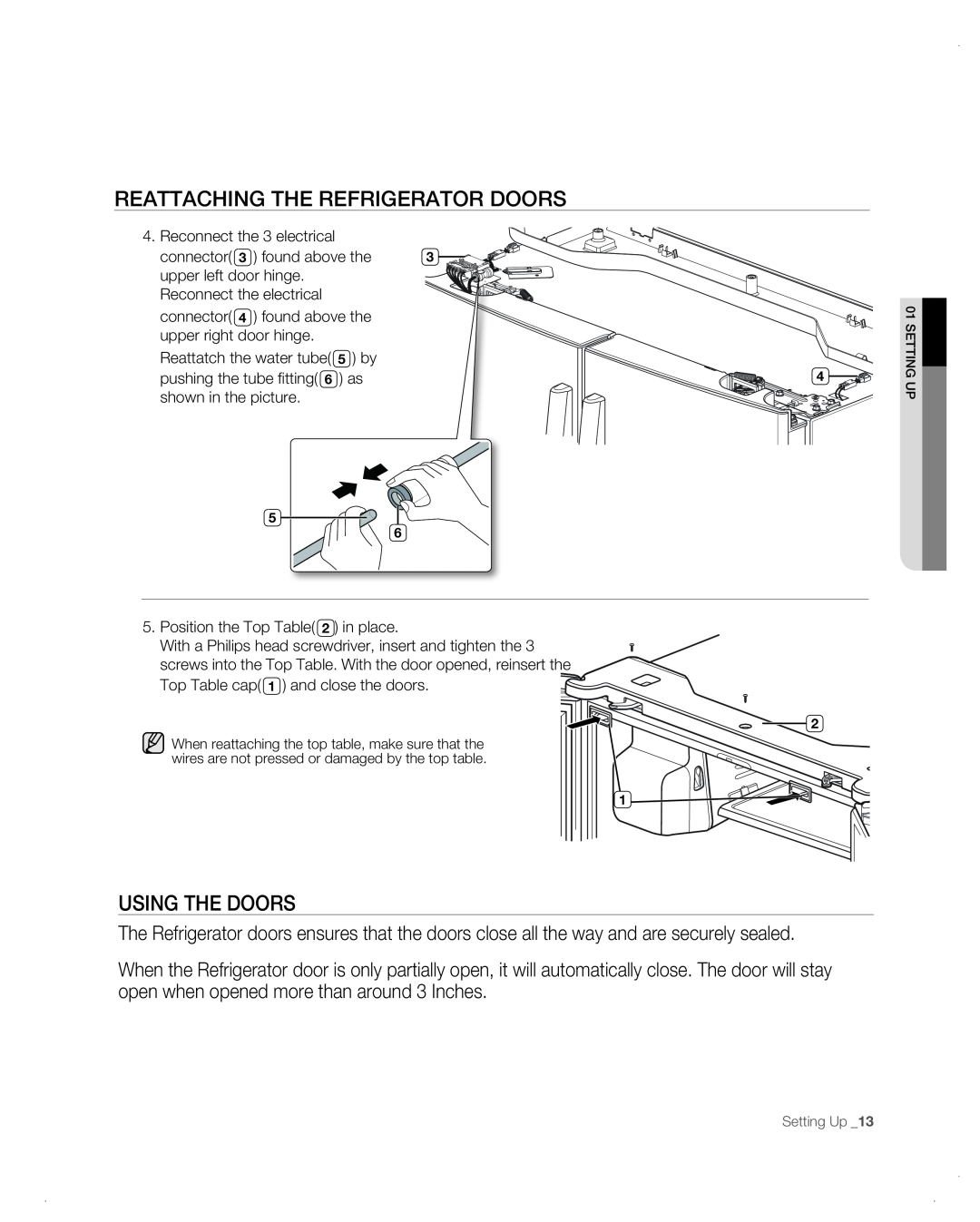 Samsung RF26VAB user manual Using The Doors, ReattaChing the RefRigeRatoR dooRs 