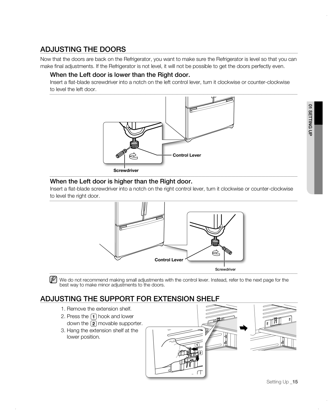 Samsung RF26VAB user manual ADJUSTING THE doors, adjusting the support for extension shelf 
