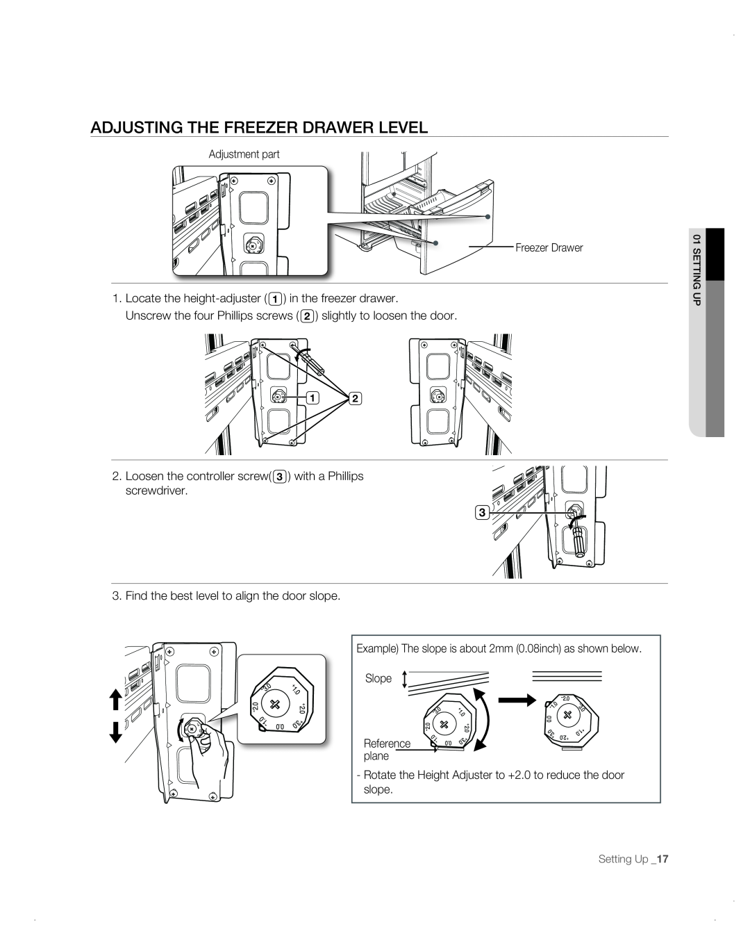 Samsung RF26VAB user manual Adjusting The Freezer Drawer Level 
