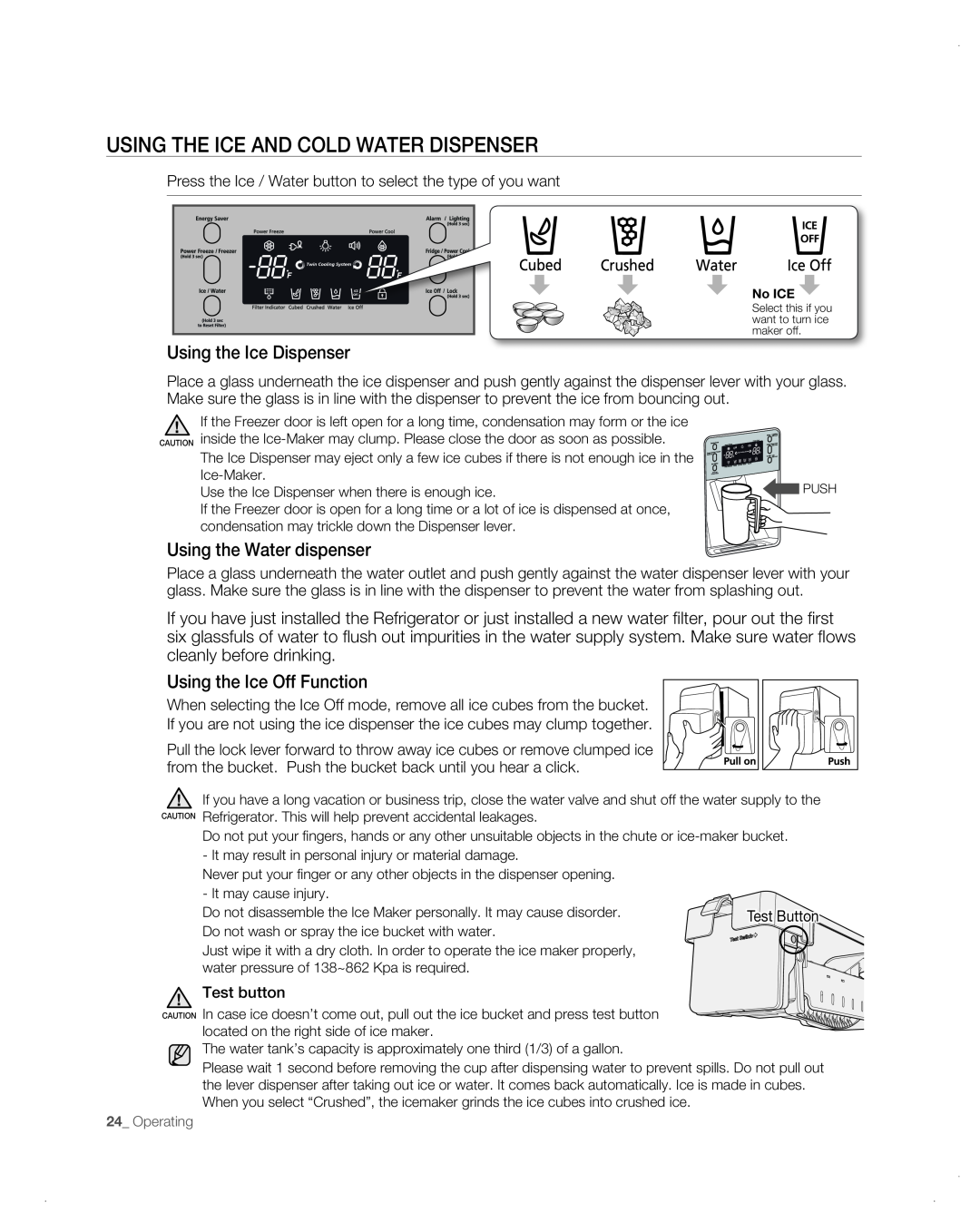 Samsung RF26VAB user manual Using The Ice And Cold Water Dispenser, Using the Ice Dispenser, Using the Water dispenser 