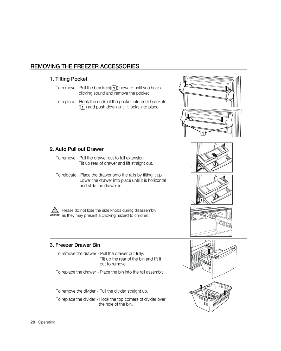 Samsung RF26VAB user manual Removing The Freezer Accessories, Tilting Pocket, Auto Pull out Drawer, Freezer Drawer Bin 