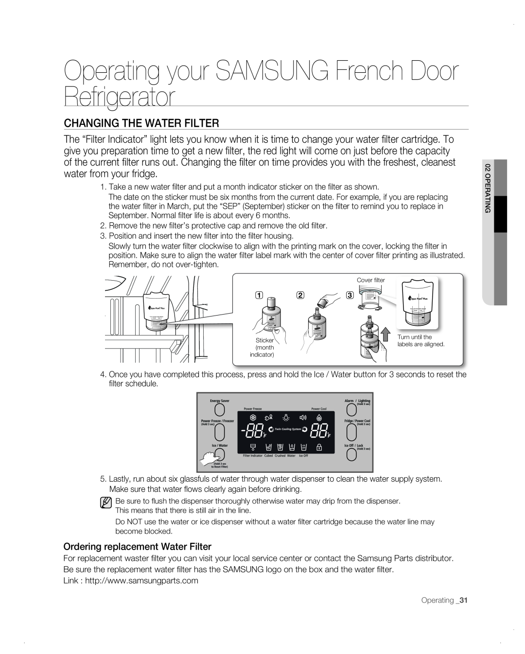 Samsung RF26VAB user manual Changing The Water Filter, Ordering replacement Water Filter 