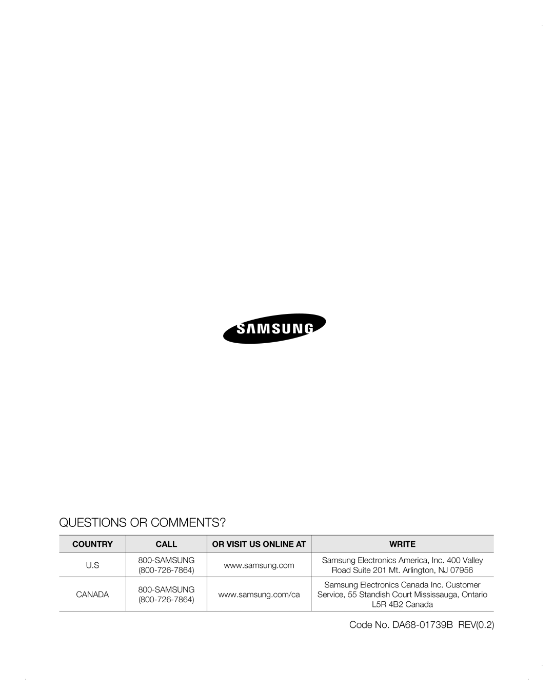 Samsung RF26VAB user manual Questions Or Comments?, Code No. DA68-01739BREV0.2, Country, Call, Or Visit Us Online At, Write 