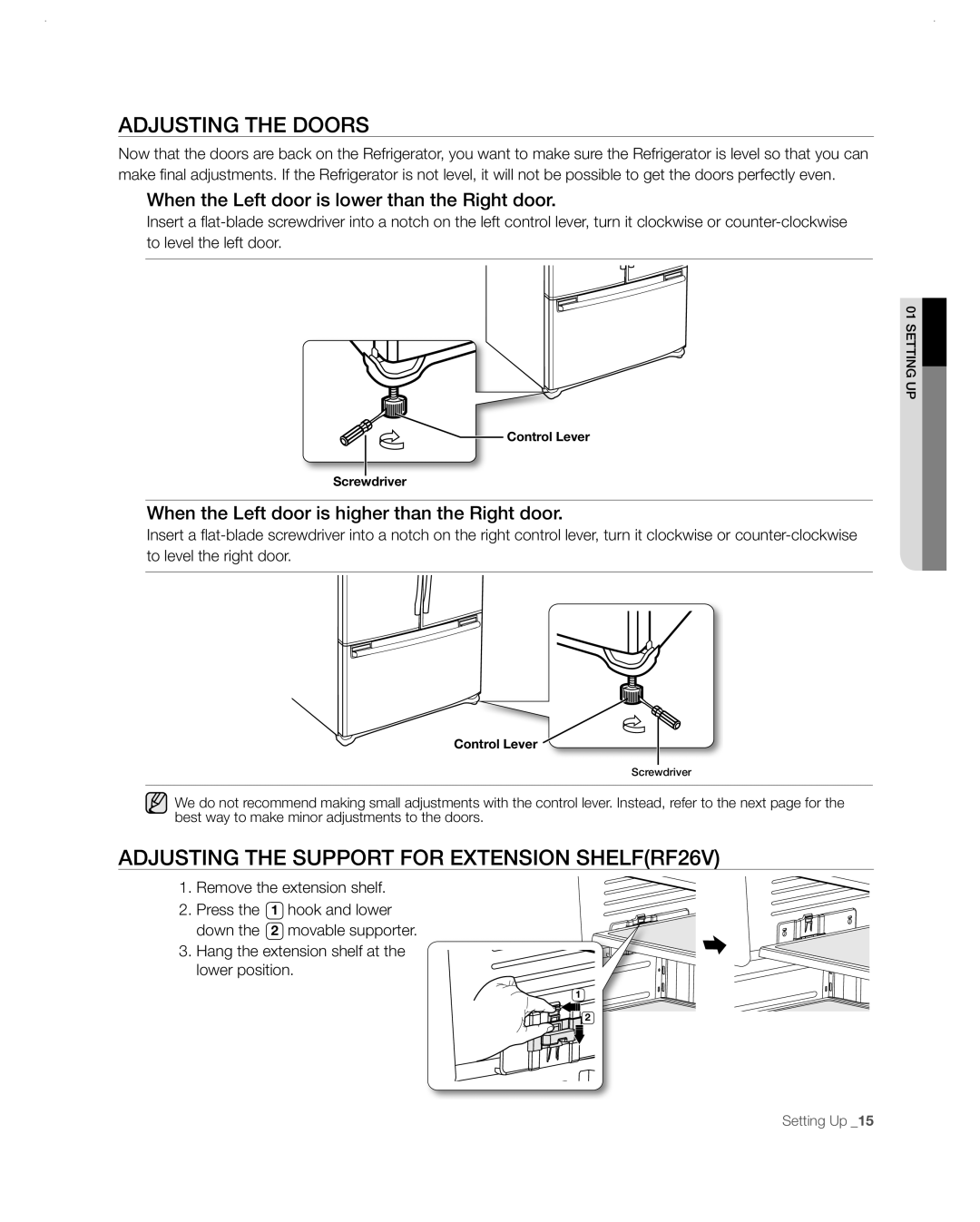 Samsung RF26VABBP user manual Adjusting the doors, Adjusting the support for extension shelfRF26V 