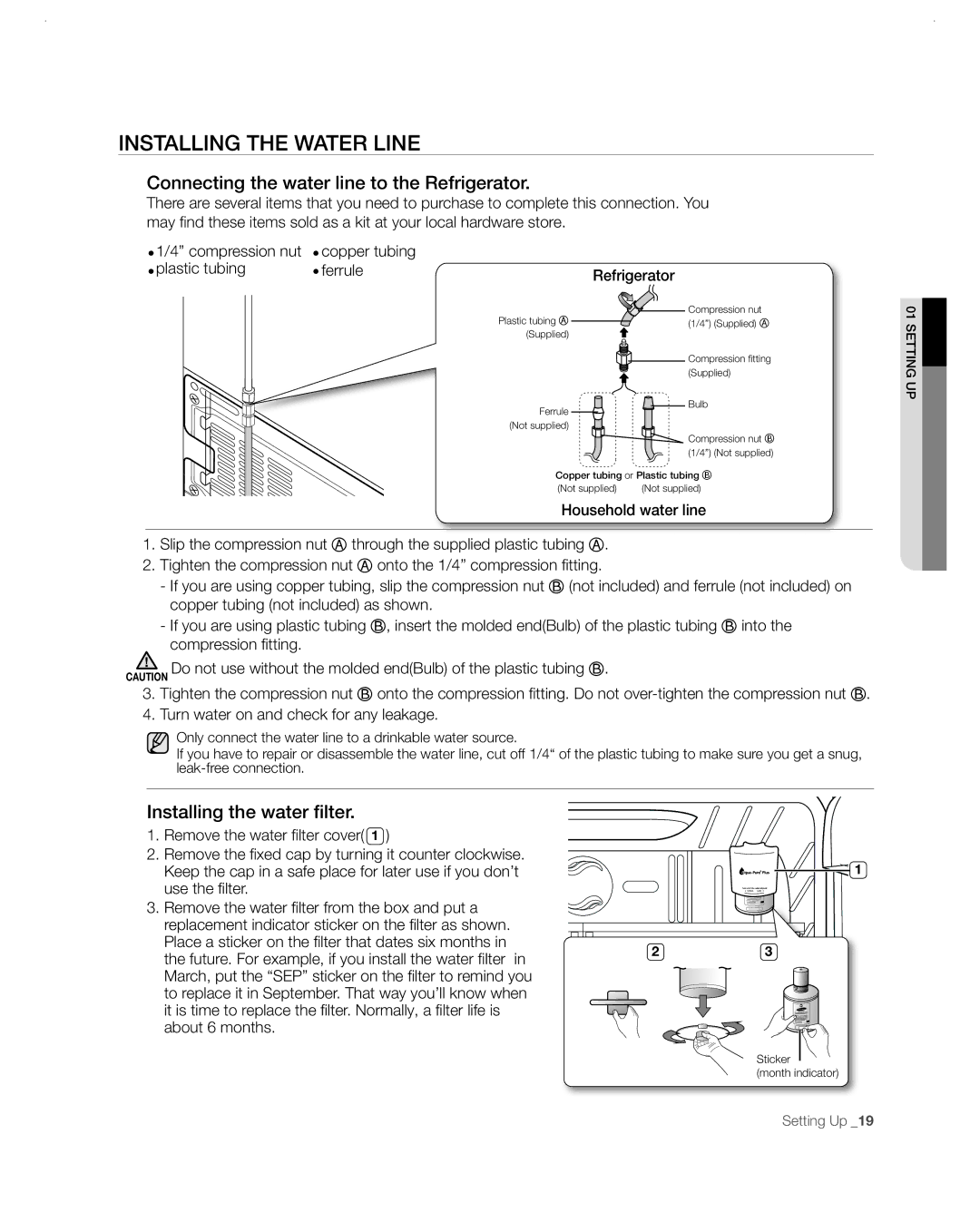 Samsung RF26VABBP Installing the Water Line, Connecting the water line to the Refrigerator, Installing the water filter 